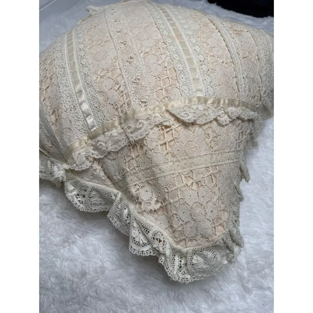 Vintage 1930s–1940s Ivory Lace Boudoir Pillow 21x21 Handmade Cottagecore